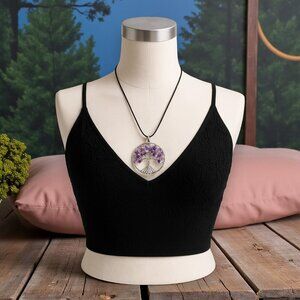 Boho Chic Tree Of Life Necklace Genuine Amethyst Crystals Silver Plated Charm